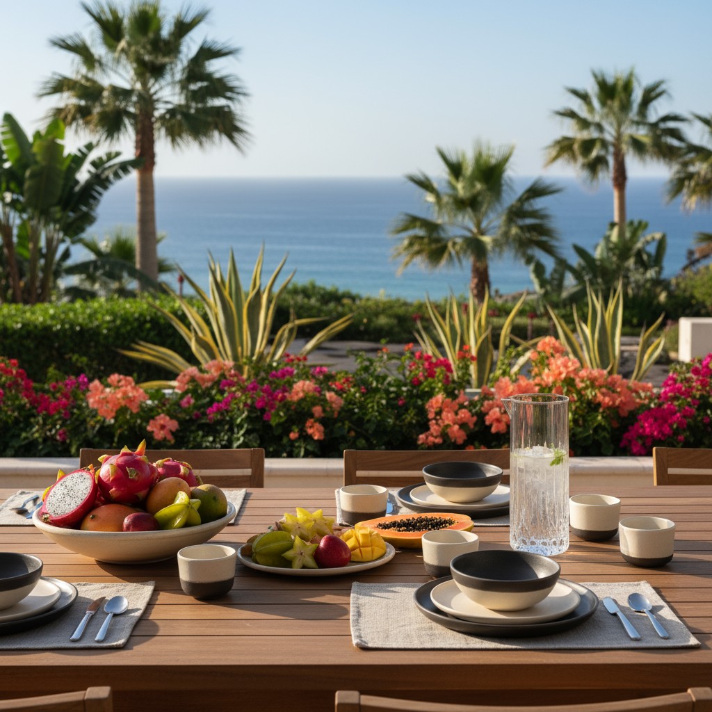 (a richly-wood-planked area set for a tropical breakfast spread with a stunning ocean view)
