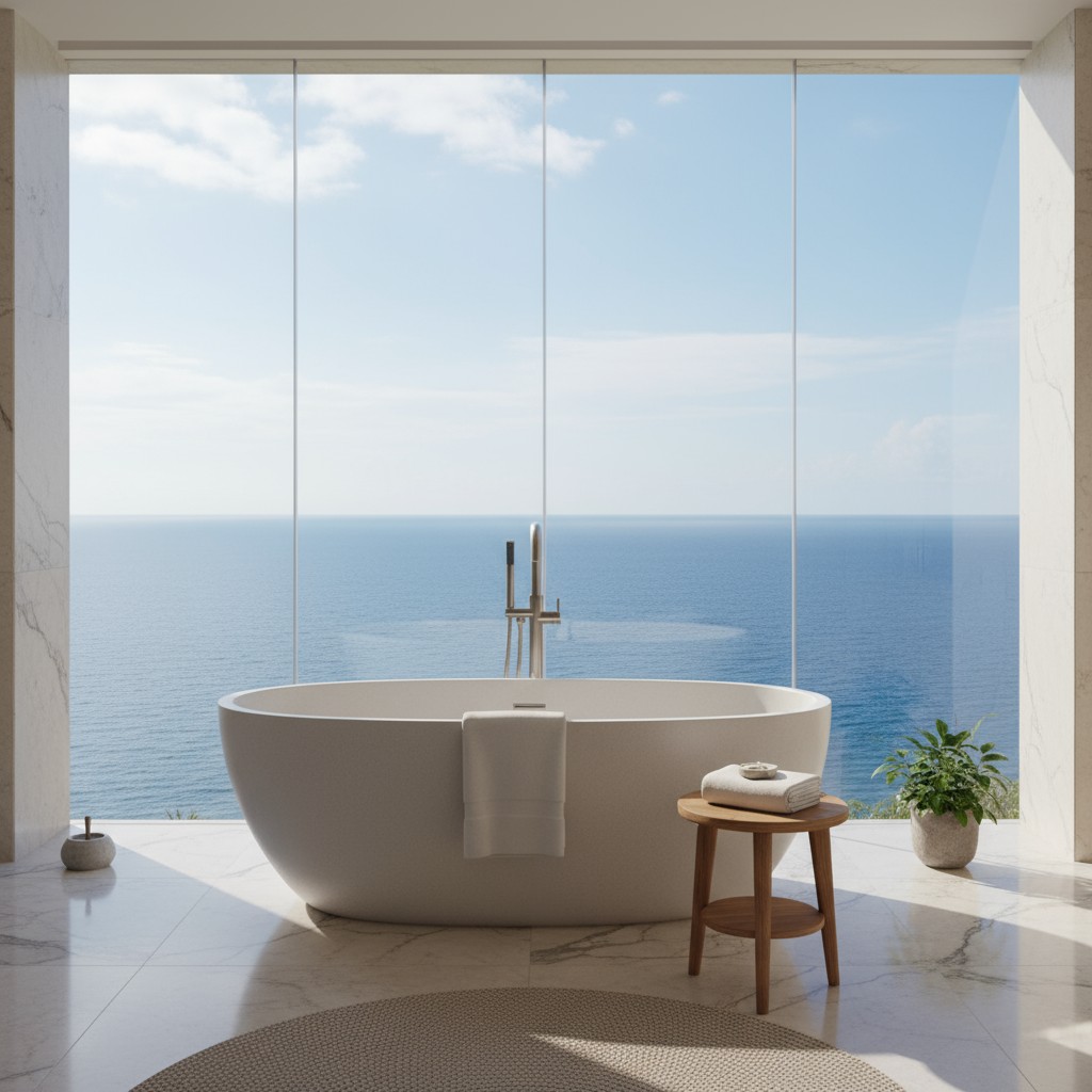 A large bathtub, positioned against a wall of glass, gazes out at an expansive sea view.