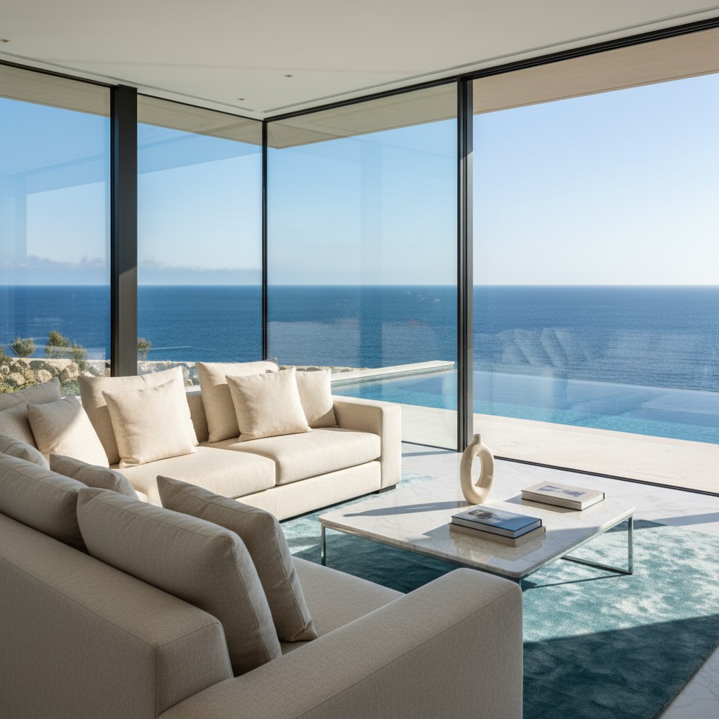 living room with large windows and ocean views